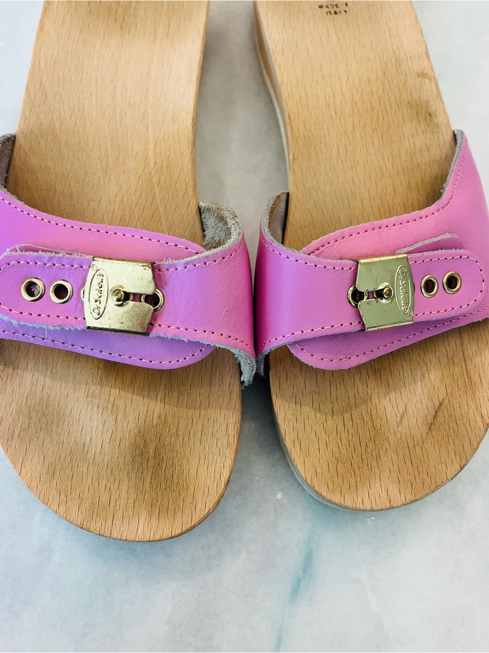 Vintage Dr. Scholl's Original Wood Exercise Pink Leather Slide Sandals Size 8 - Picture 8 of 8